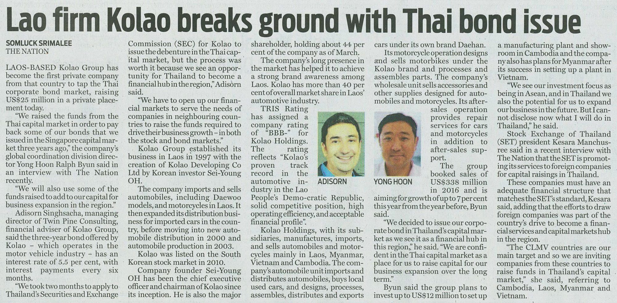 The Nation Newspaper, Business – Lao firm Kolao breaks ground with Thai bond issue